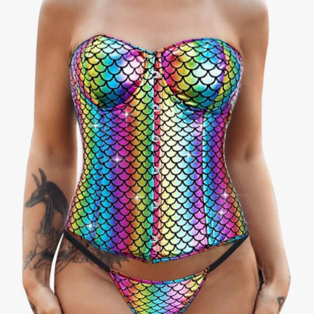 Mermaid Scale Sparkle Overbust Boned Corset – Size Large
